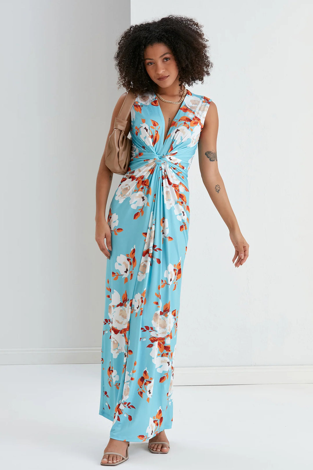 St Lucia Tall Blue Floral Sleeveless Twist Front Maxi Dress