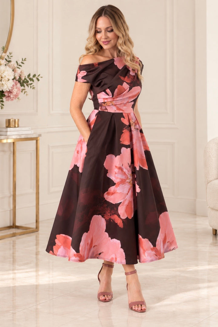 Betty Brown & Pink Floral Asymmetric Neckline Skater Maxi Dress With Pockets