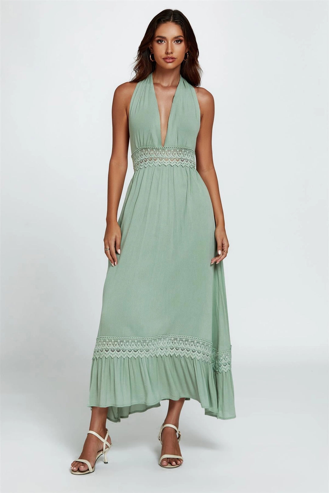 Candice Green Halter Neck Backless Lace Maxi Dress | LittleMadam Candice Green Halter Neck Backless Lace Maxi Dress | LittleMadam