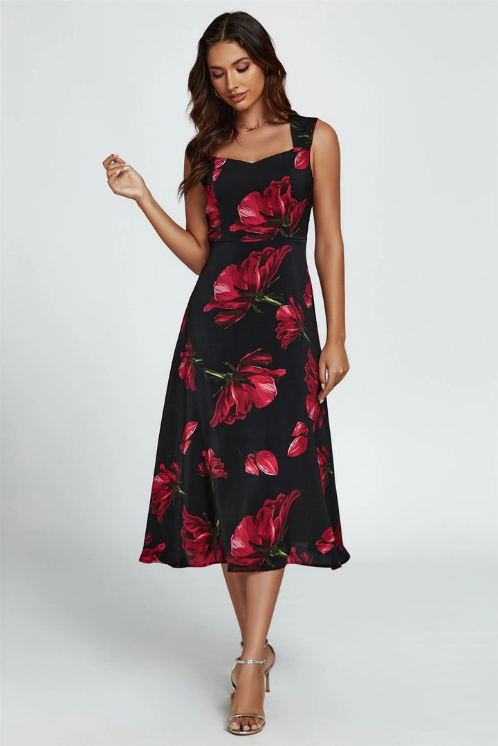 Edie Black & Red Floral Sweetheart Neck Sleeveless Midi Dress