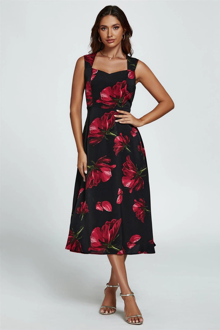 Edie Black & Red Floral Sweetheart Neck Sleeveless Midi Dress