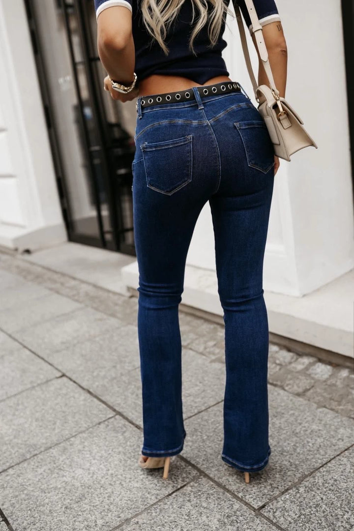 Katie Super Stretchy Indigo Blue Denim Fitted Flared Hem Push Up High Waist Jeans