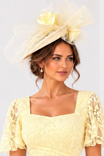 Heidi Yellow Lace Ruched Short Sleeve Midi Dress