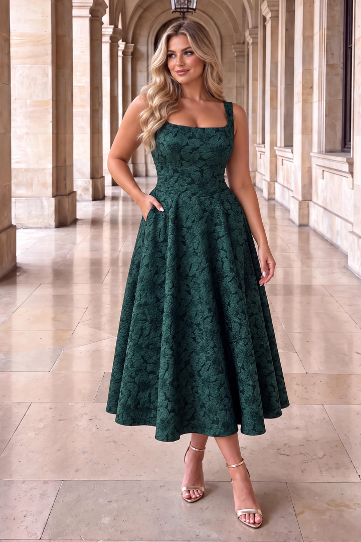 Darcy Green Jacquard Floral Square Neck Sleeveless Midi Dress With Pockets