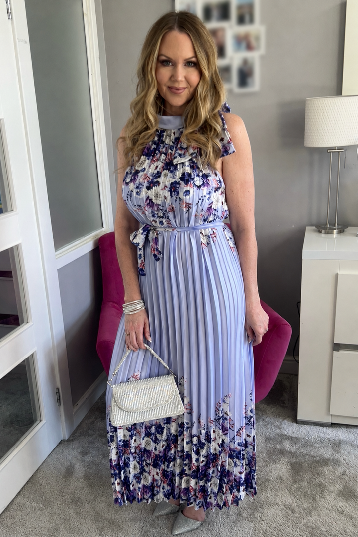 Antigua Lilac Floral Halter Tie Neck Pleated Maxi Dress