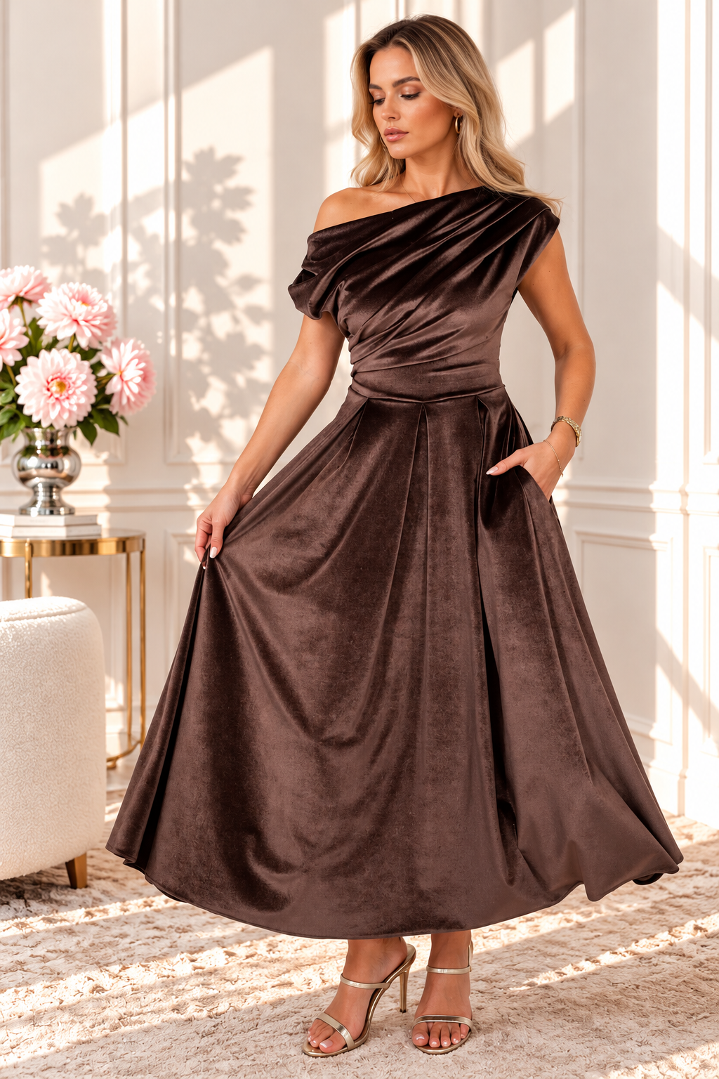 Betty Chocolate Brown Velvet Asymmetric Neckline Skater Maxi Dress With Pockets