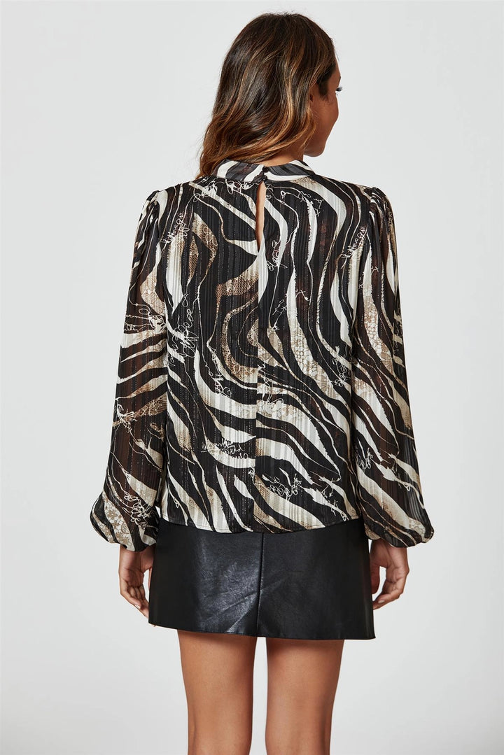 Harriet Silver Thread Zebra Print Long Sleeve Blouse Top In Black