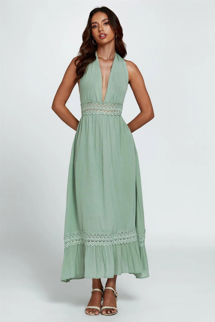 Candice Green Halter Neck Backless Lace Maxi Dress