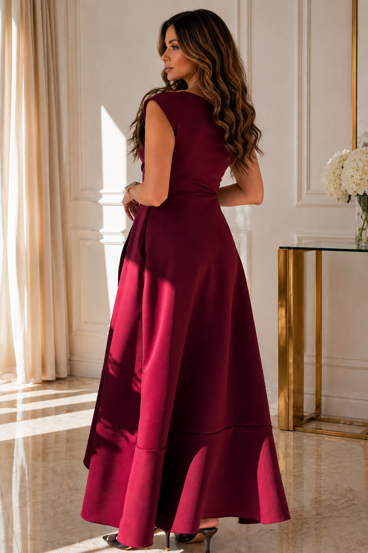Florie Burgundy Asymmetric Neckline Maxi Dress