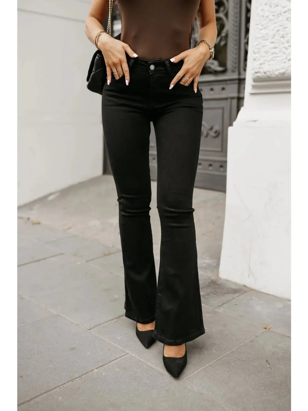 Katie Super Stretchy Black Denim Fitted Flared Hem Push Up High Waist Jeans