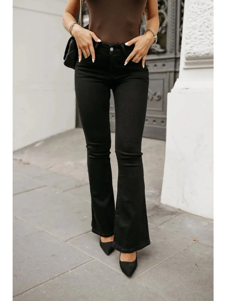 Katie Super Stretchy Black Denim Fitted Flared Hem Push Up High Waist Jeans
