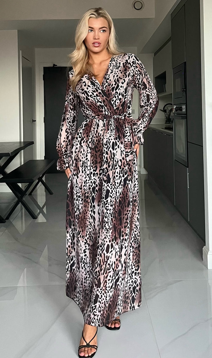 Melanie Leopard Print Chiffon Belted Long Sleeve Maxi Dress - 2 LENGTHS