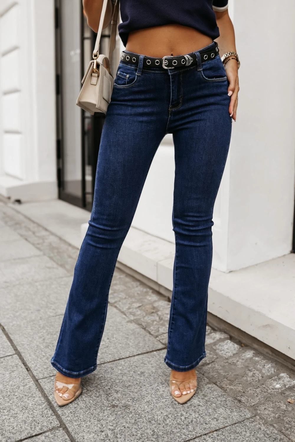 Katie Super Stretchy Indigo Blue Denim Fitted Flared Hem Push Up High Waist Jeans