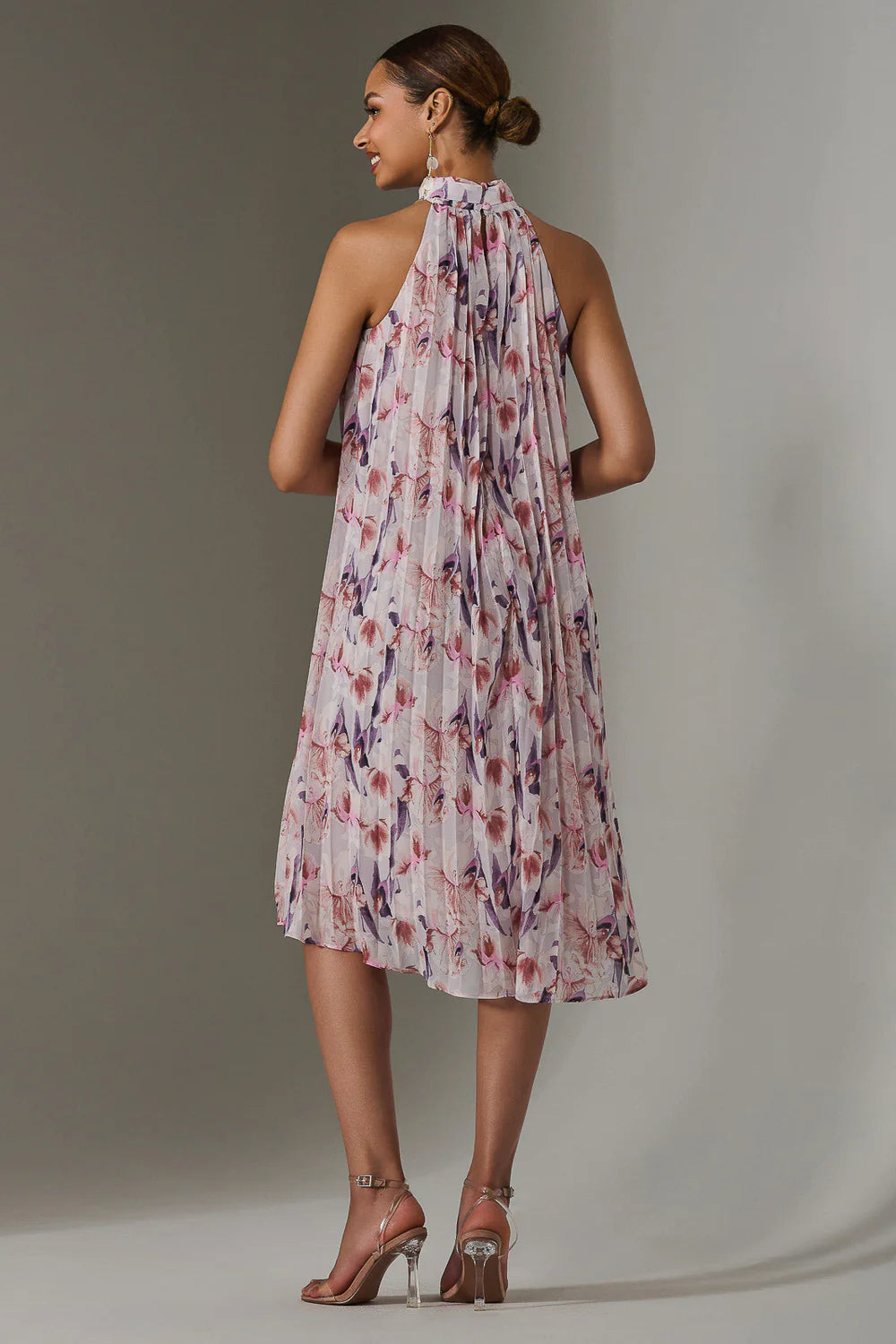 Lulu Purple Floral Pleated Halter Neck Midi Dress