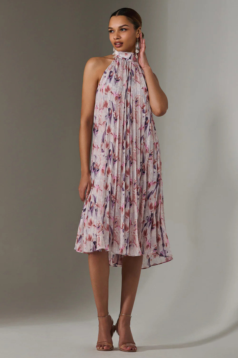 Lulu Purple Floral Pleated Halter Neck Midi Dress