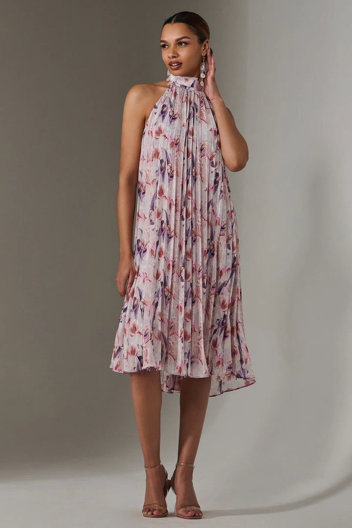 Lulu Purple Floral Pleated Halter Neck Midi Dress