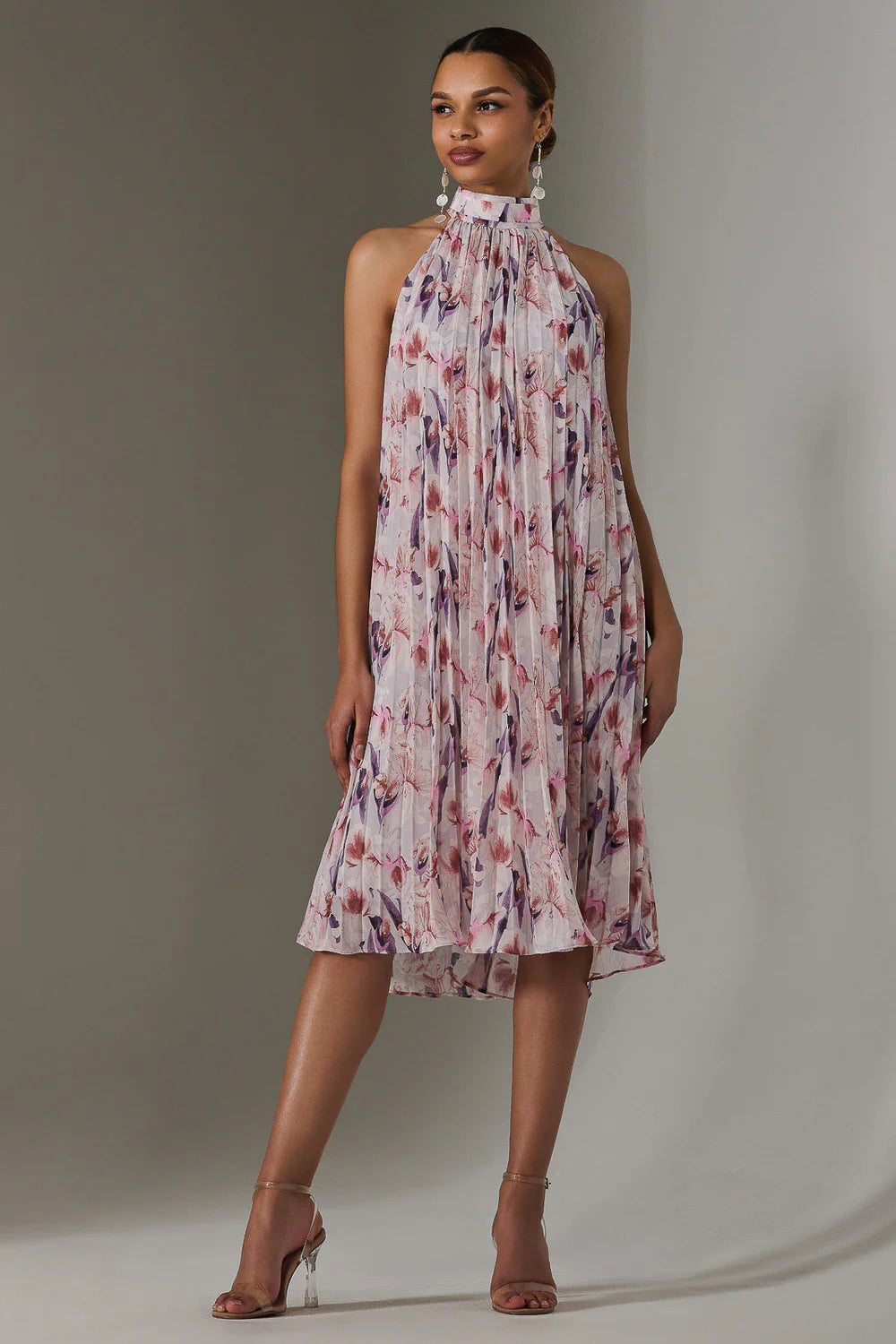 Lulu Purple Floral Pleated Halter Neck Midi Dress