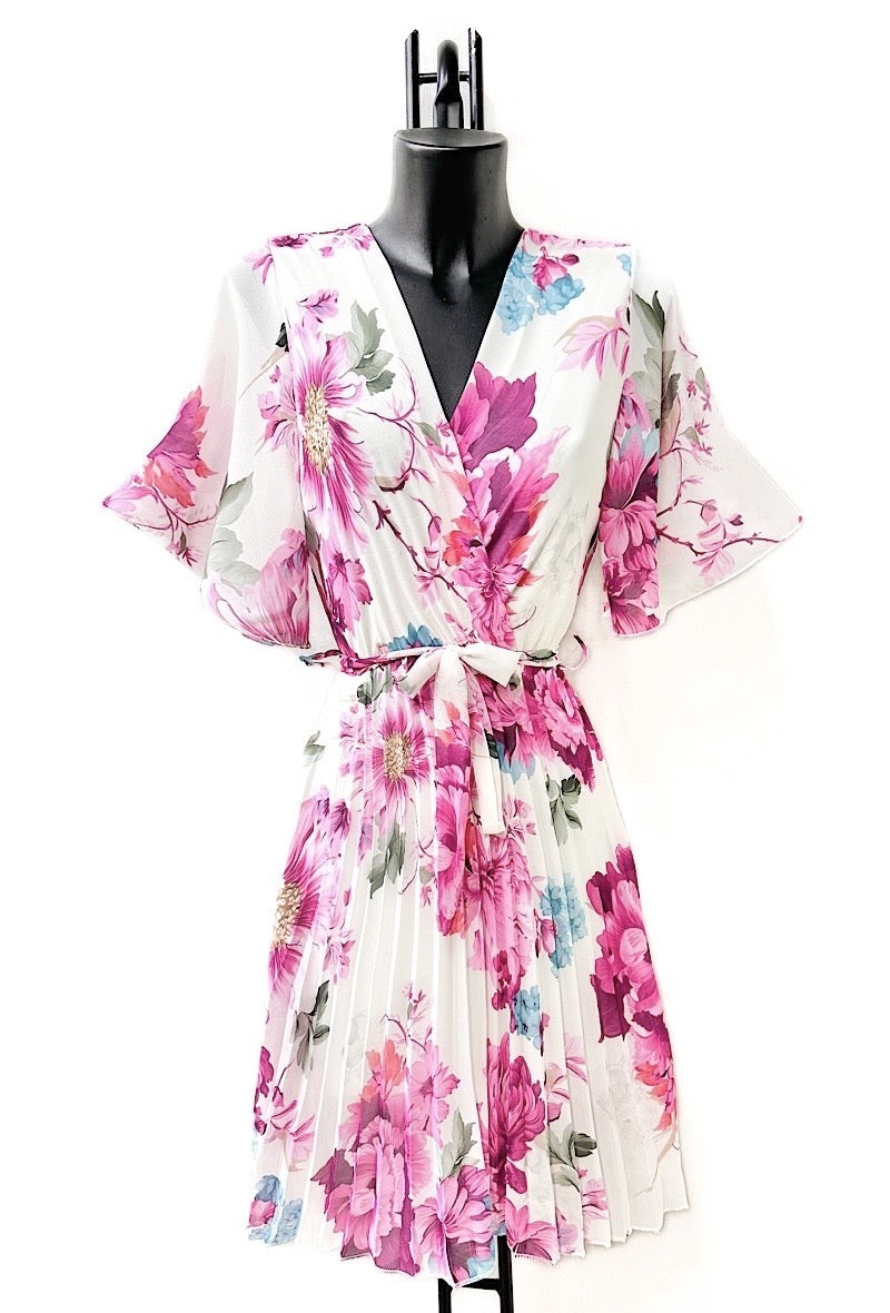 Lily White & Pink Floral Short Sleeve Chiffon Pleated Midi Dress