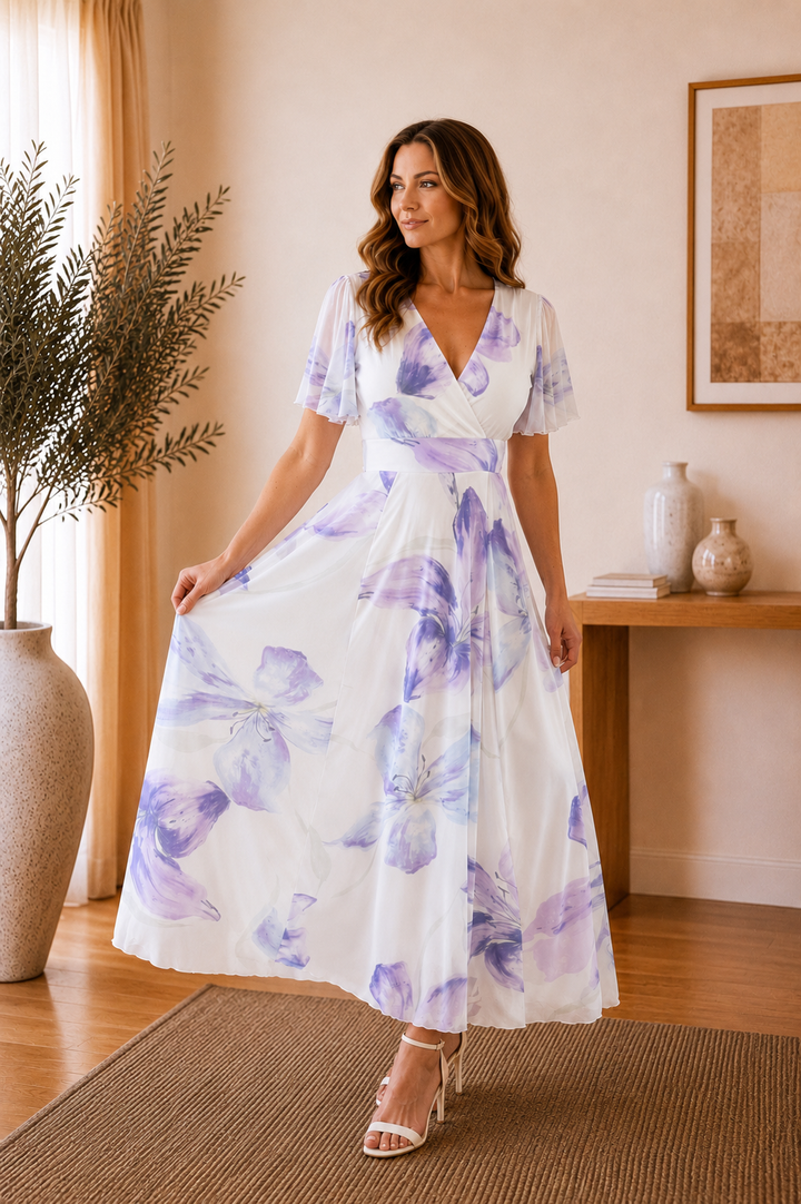 Isobel White & Lilac Floral Angel Sleeve Belted Mesh Maxi Dress - REGULAR LENGTH (3 LENGTHS)