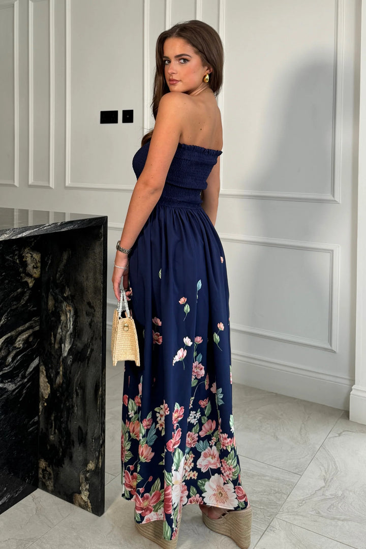 Abby Navy Border Print Shirred Maxi Dress With Detachable Straps