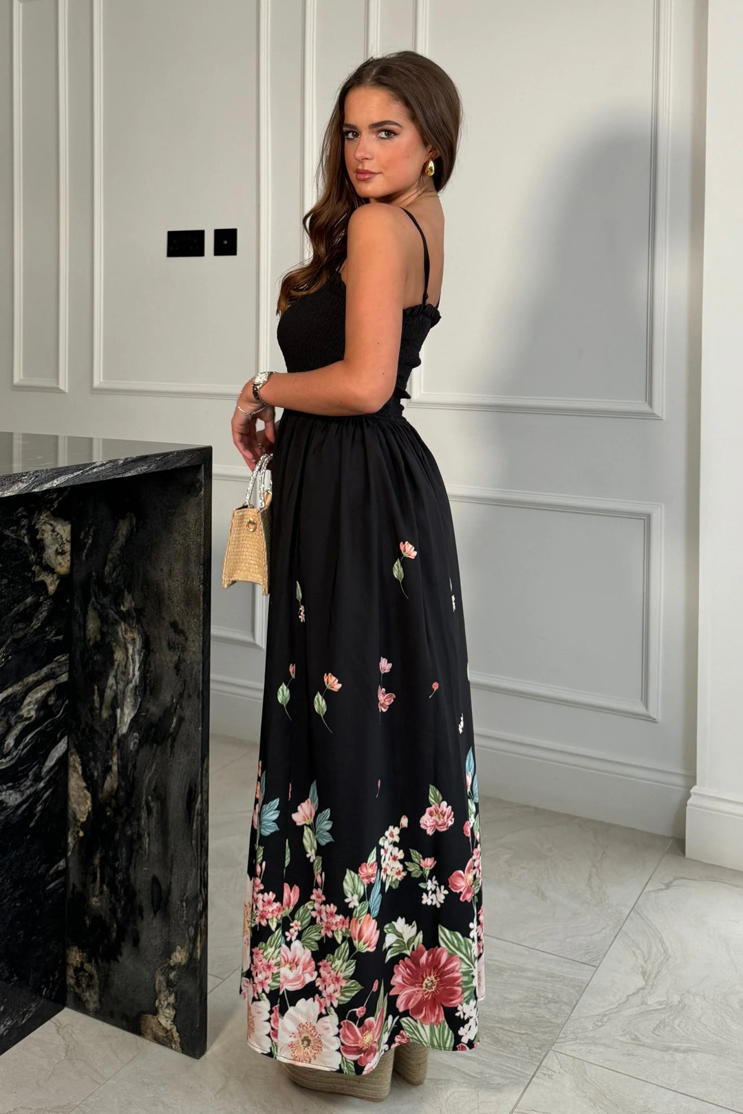 Abby Black Border Print Shirred Maxi Dress With Detachable Straps