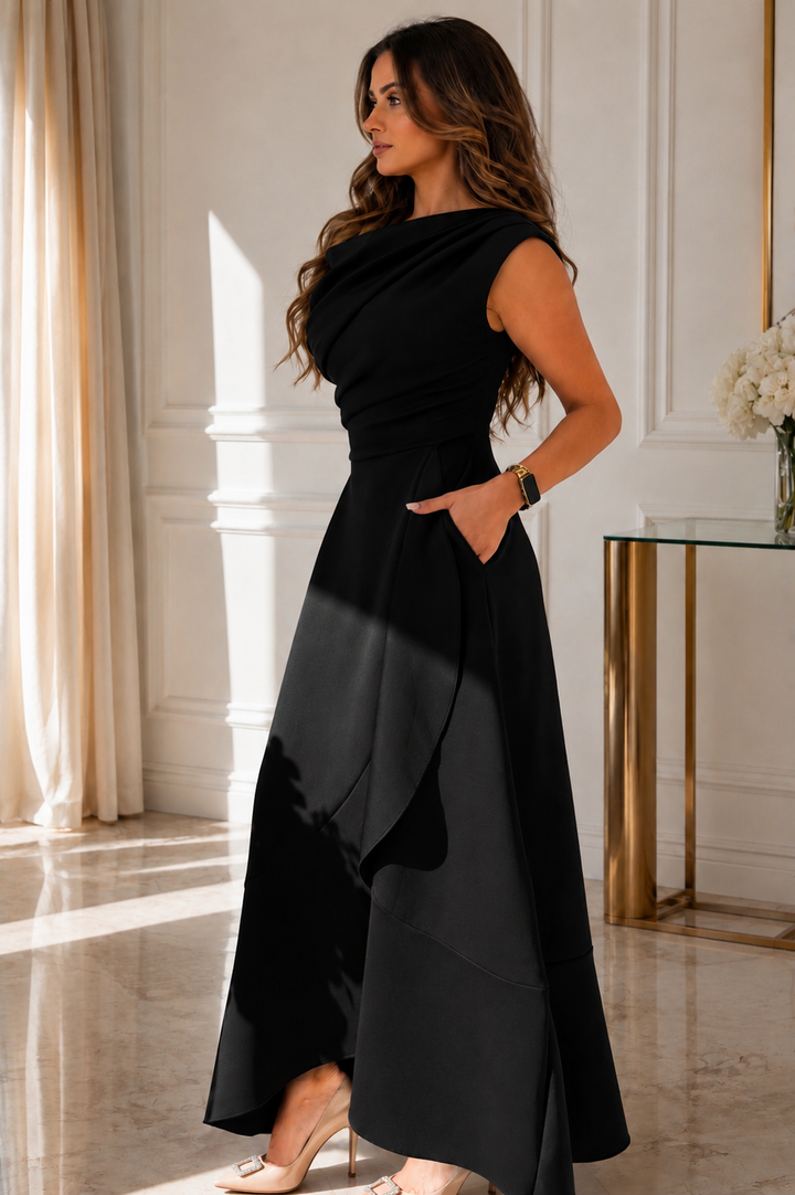 Florie Black Asymmetric Neckline Maxi Dress