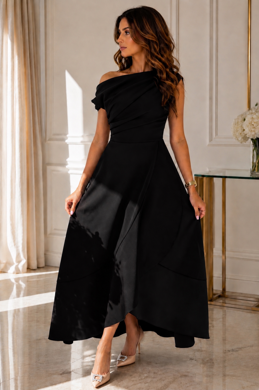 Florie Black Asymmetric Neckline Maxi Dress