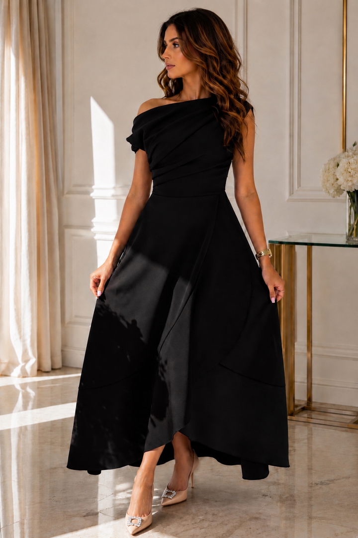 Florie Black Asymmetric Neckline Maxi Dress