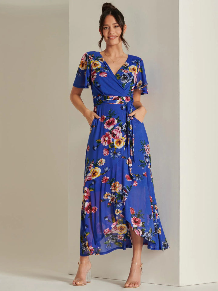 Ada Cobalt Blue Floral Dip Hem Belted Short Sleeve Mesh Maxi Dress