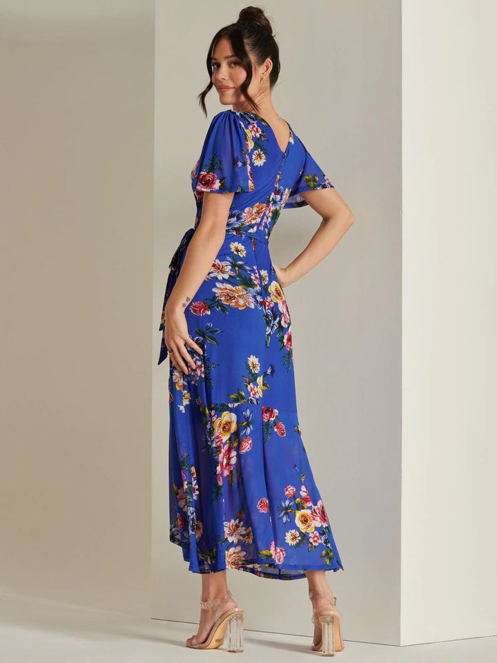 Ada Cobalt Blue Floral Dip Hem Belted Short Sleeve Mesh Maxi Dress