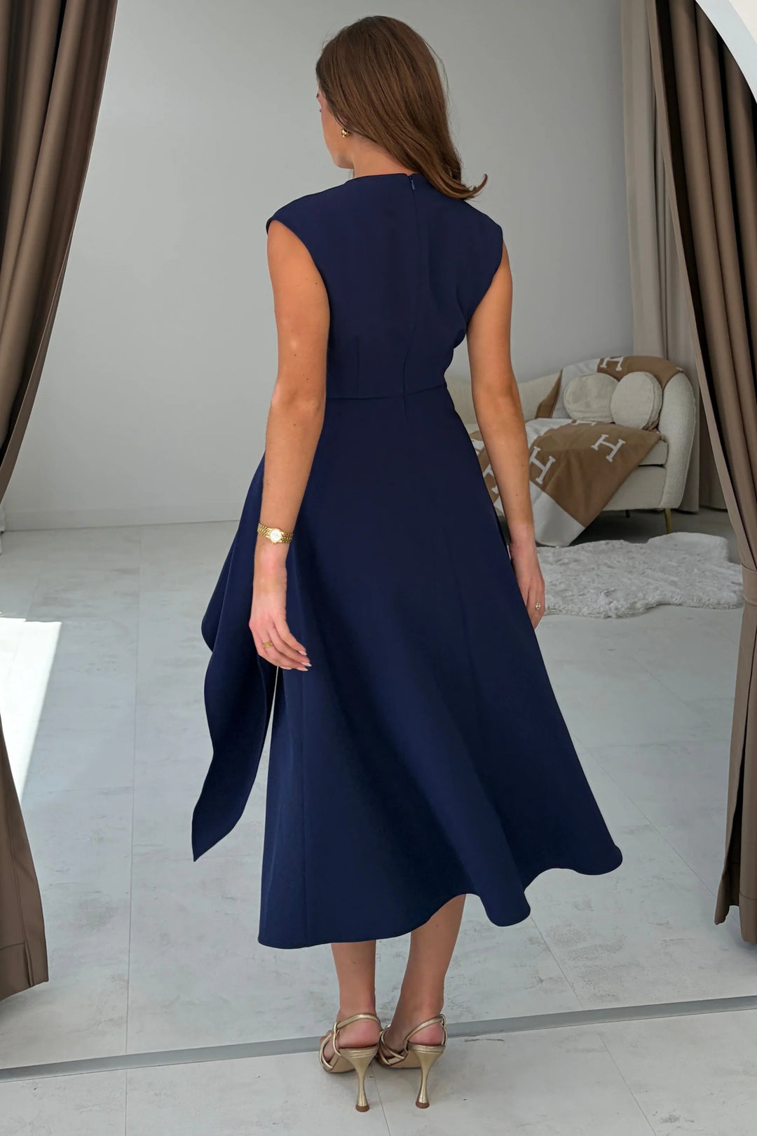 Annette Navy Wrap Buckle Detail Midi Dress