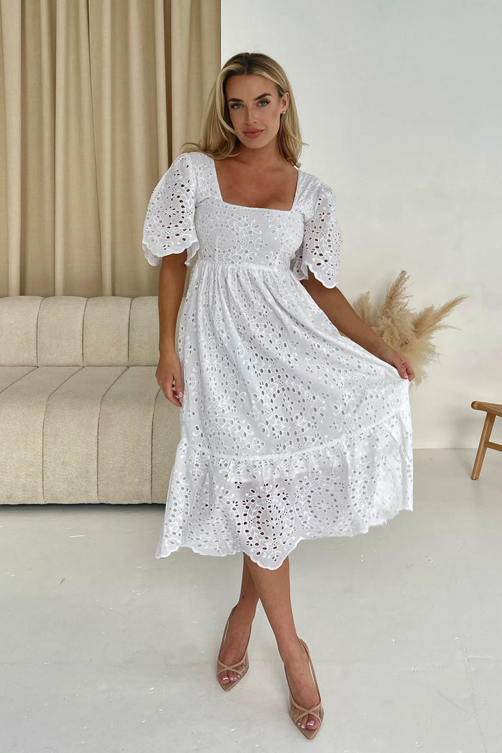 Aspen White Broderie Tiered Midaxi Dress