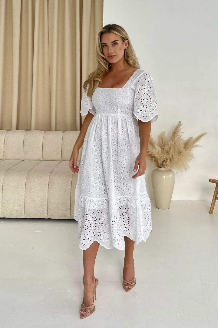 Aspen White Broderie Tiered Midaxi Dress