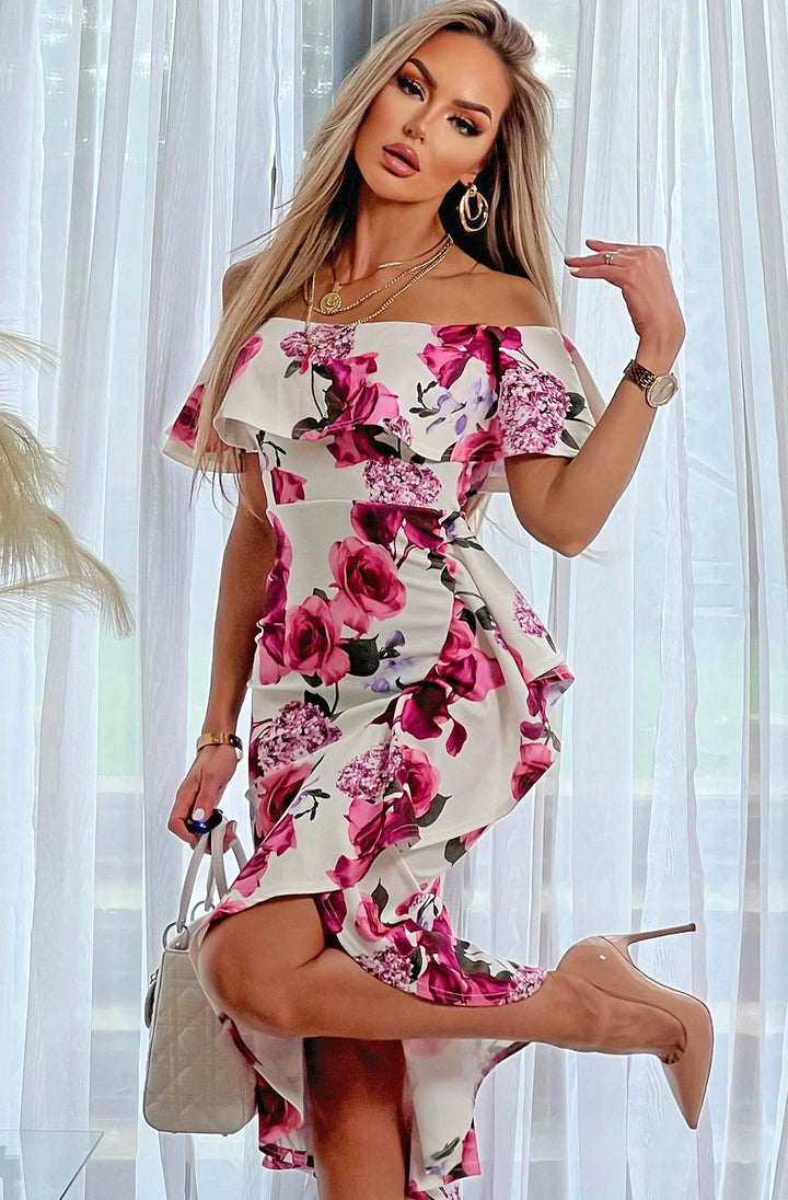 Forget Me Not White & Pink Floral Frill Bardot Bodycon Midi Dress