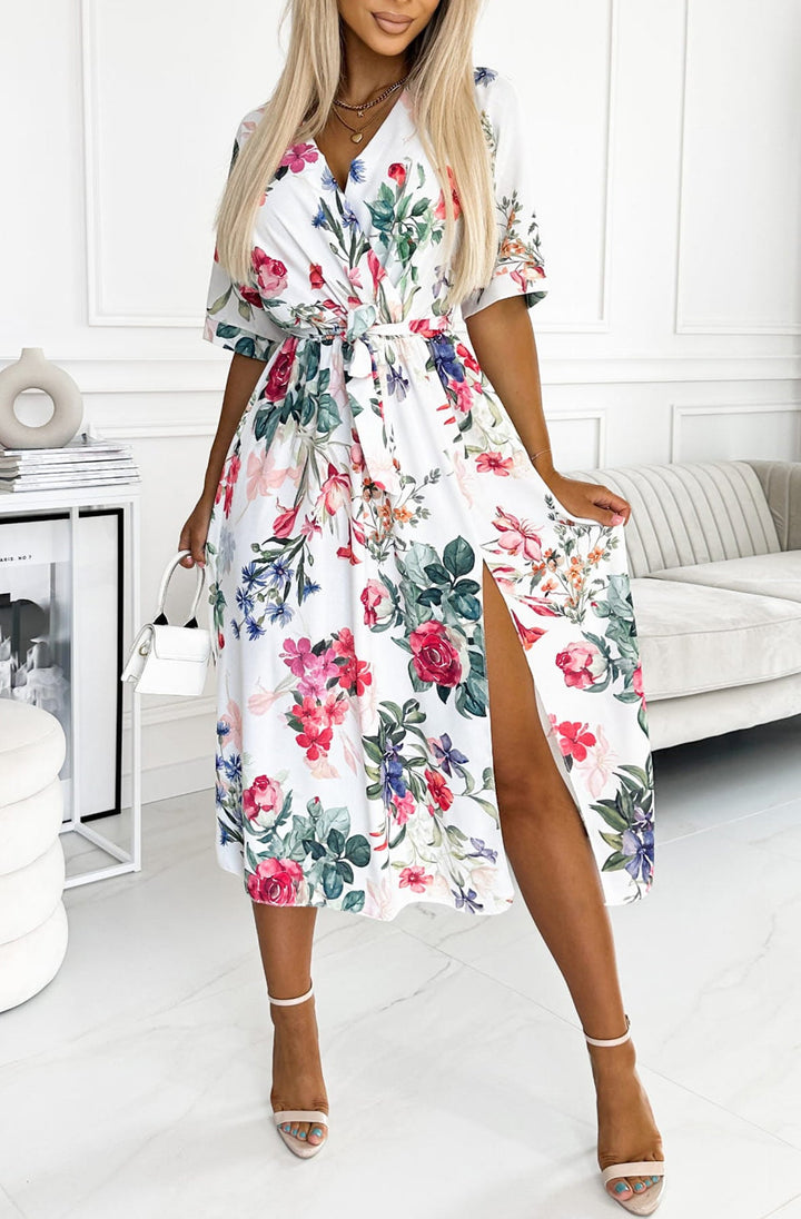 Lucinda White Floral Short Sleeve Belted Side Split Midi Dress