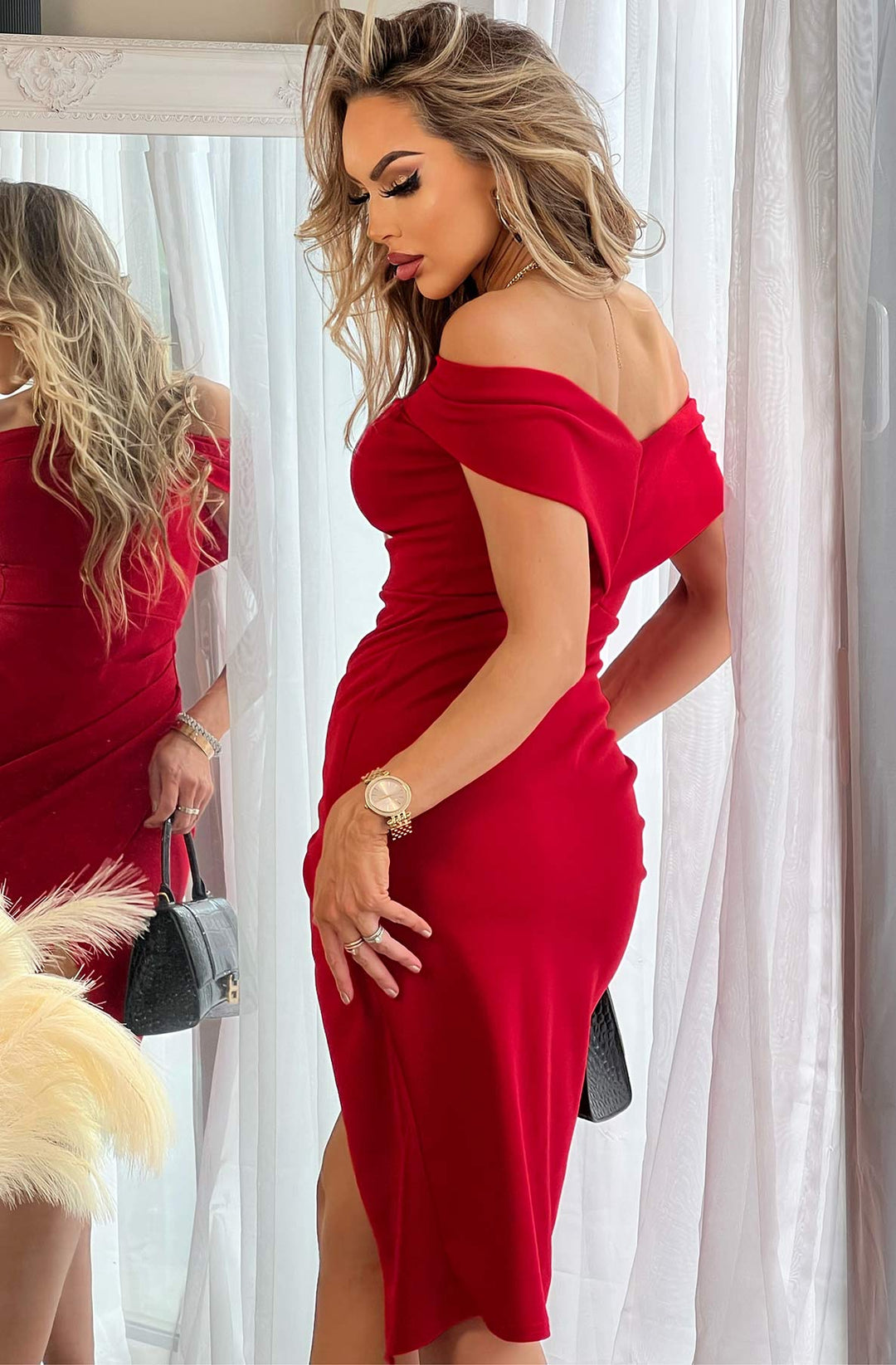 red bardot dress uk Red Premium Body-Sculpting Lace Bardot Dress