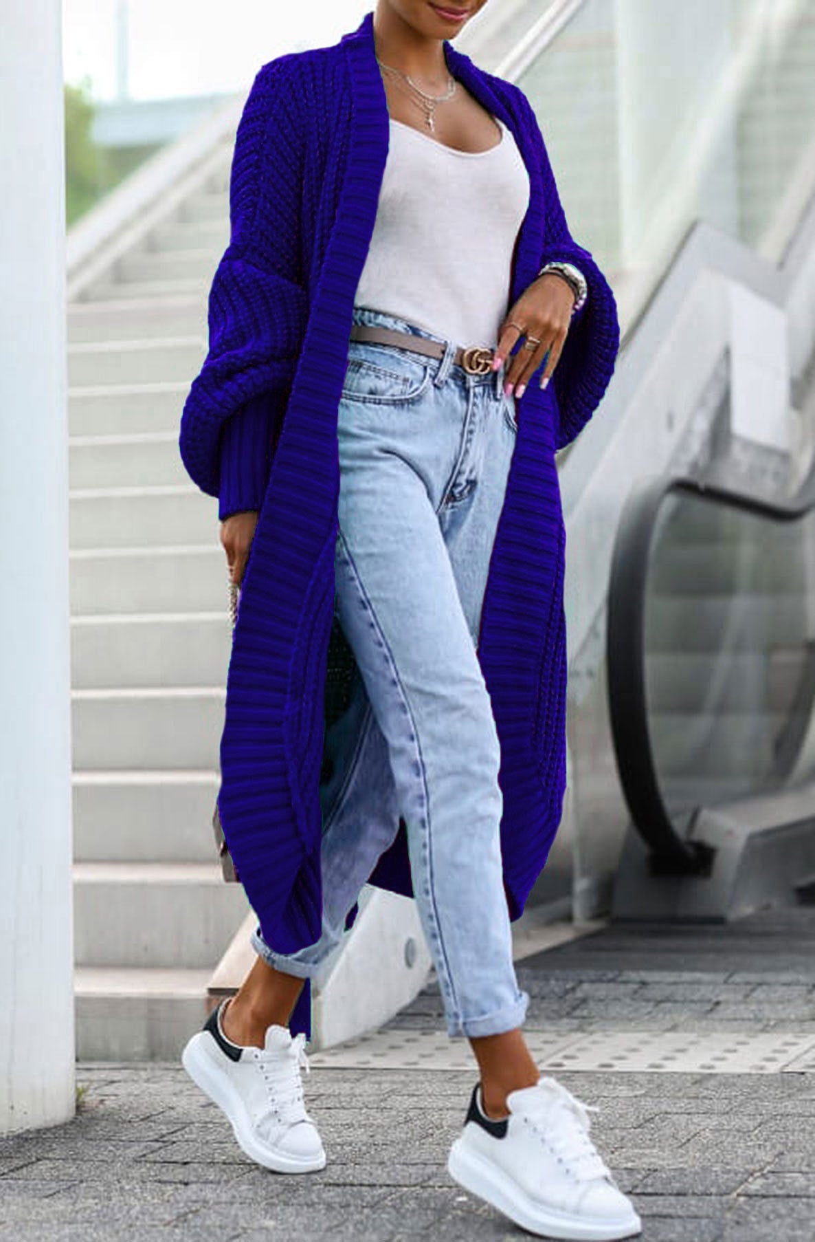 Long blue shop cardigan outfit