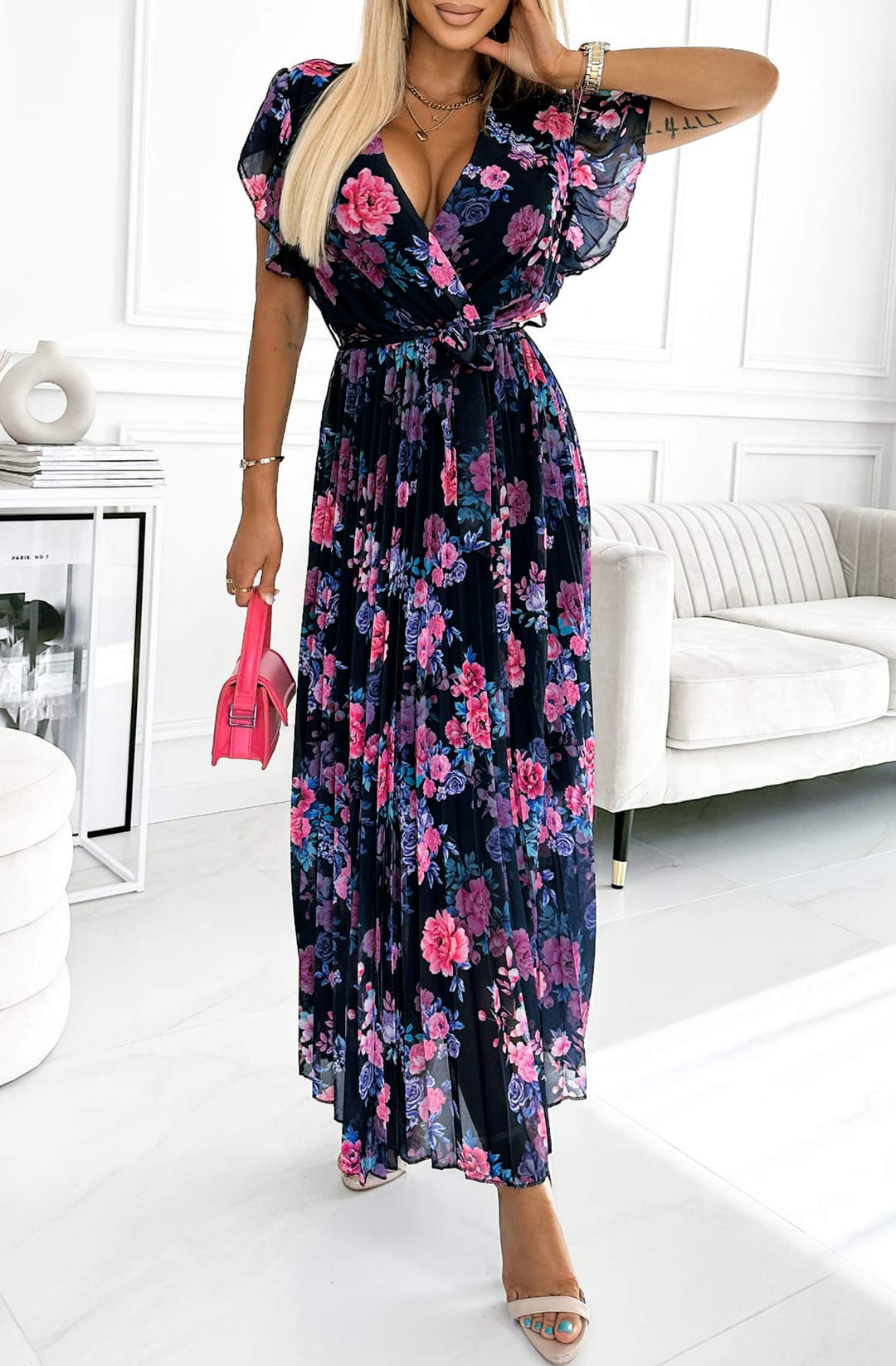 Amalfi Coast Black Floral Chiffon Short Sleeve Pleated Belted Maxi Dress