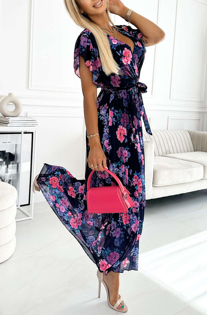 Amalfi Coast Black Floral Chiffon Short Sleeve Pleated Belted Maxi Dress