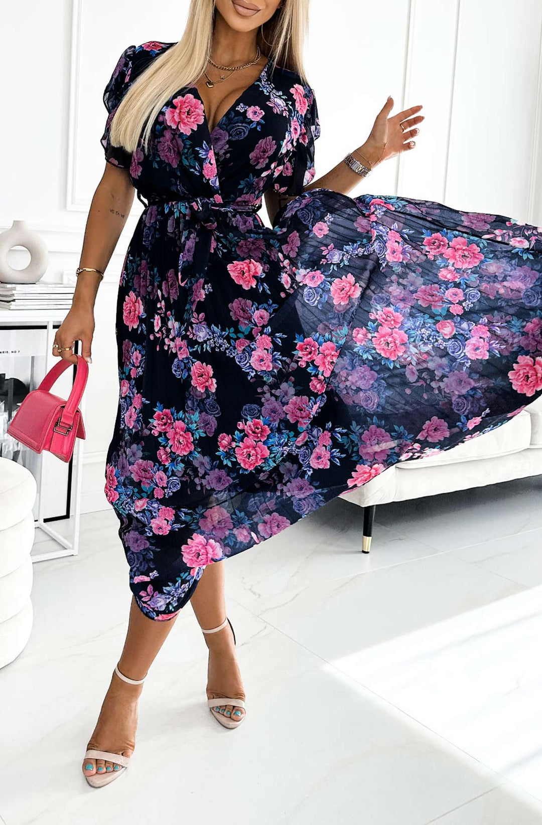 Amalfi Coast Black Floral Chiffon Flutter Sleeve Pleated Belted Maxi Dress