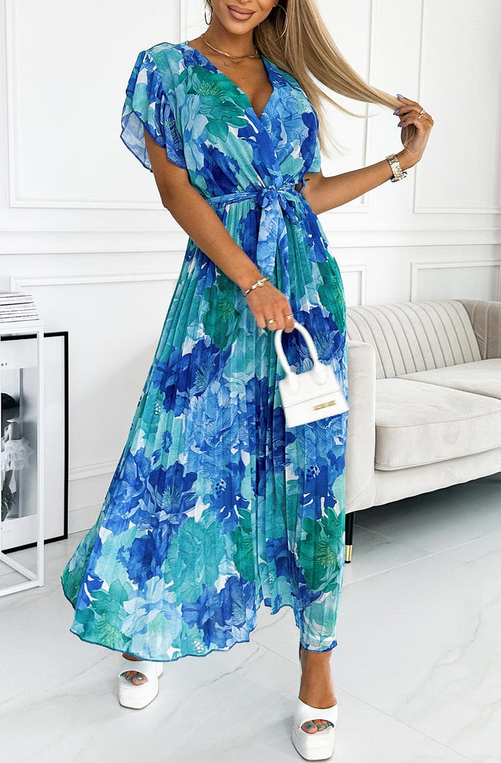 Amalfi Coast Blue Floral Chiffon Short Sleeve Pleated Belted Maxi Dress