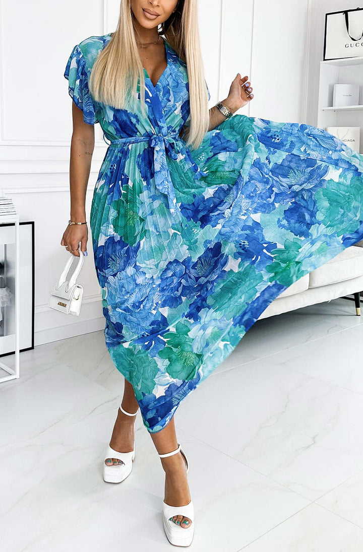Amalfi Coast Blue Floral Chiffon Short Sleeve Pleated Belted Maxi Dress