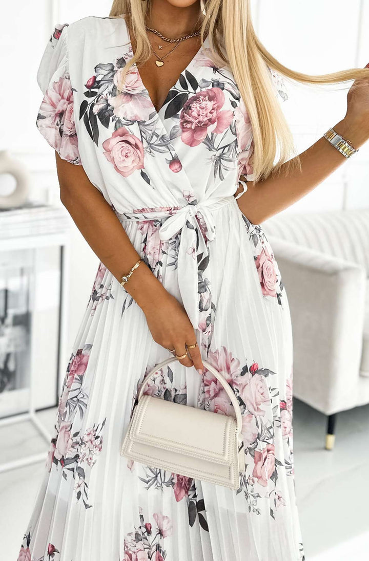 Amalfi Coast White Floral Chiffon Short Sleeve Pleated Belted Maxi Dress