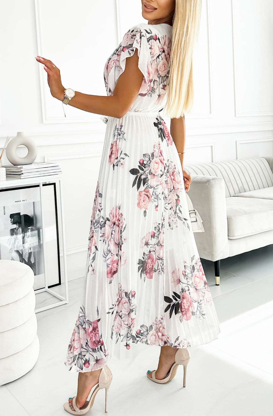 Amalfi Coast White Floral Chiffon Short Sleeve Pleated Belted Maxi Dress