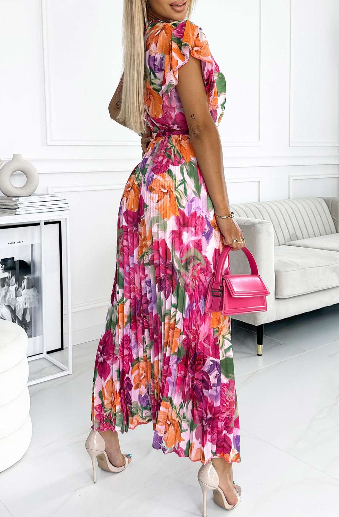 Amalfi Coast Pink Floral Chiffon Short Sleeve Pleated Belted Maxi Dress