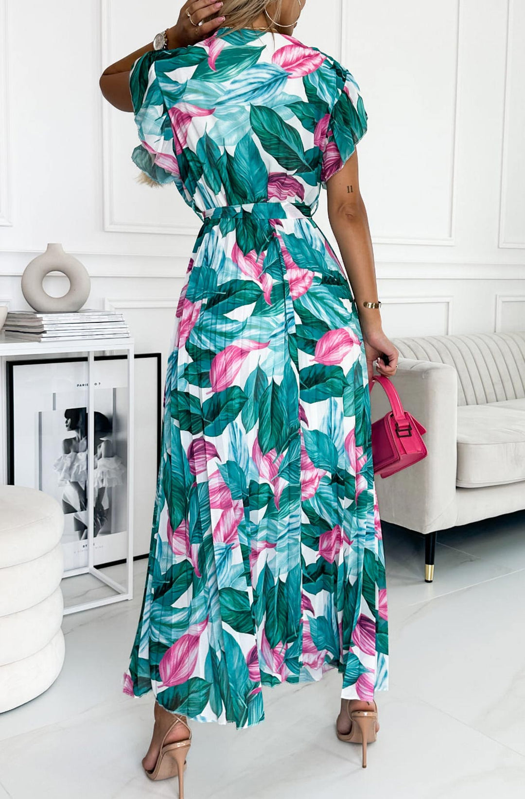 Amalfi Coast Teal Floral Chiffon Short Sleeve Pleated Belted Maxi Dress (PRE-ORDER)