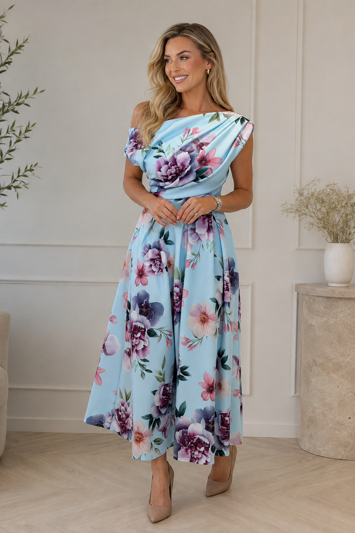 Betty Blue & Lilac Floral Asymmetric Neckline Skater Midi Dress With Pockets