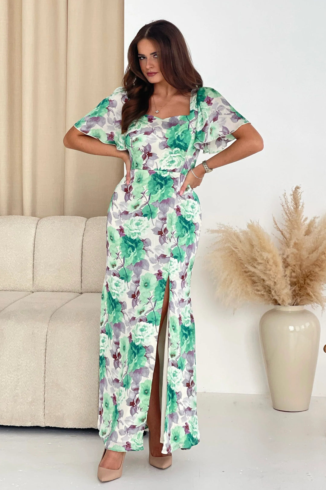 Della Green Floral Sweetheart Neck Short Sleeve Maxi Dress