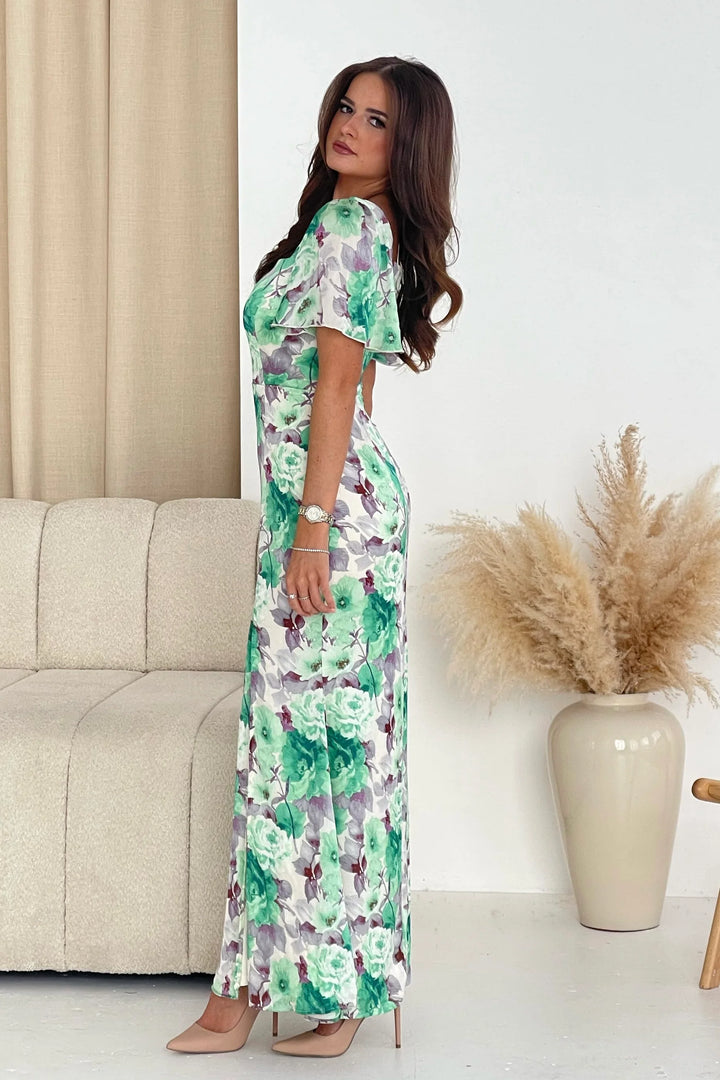 Della Green Floral Sweetheart Neck Short Sleeve Maxi Dress