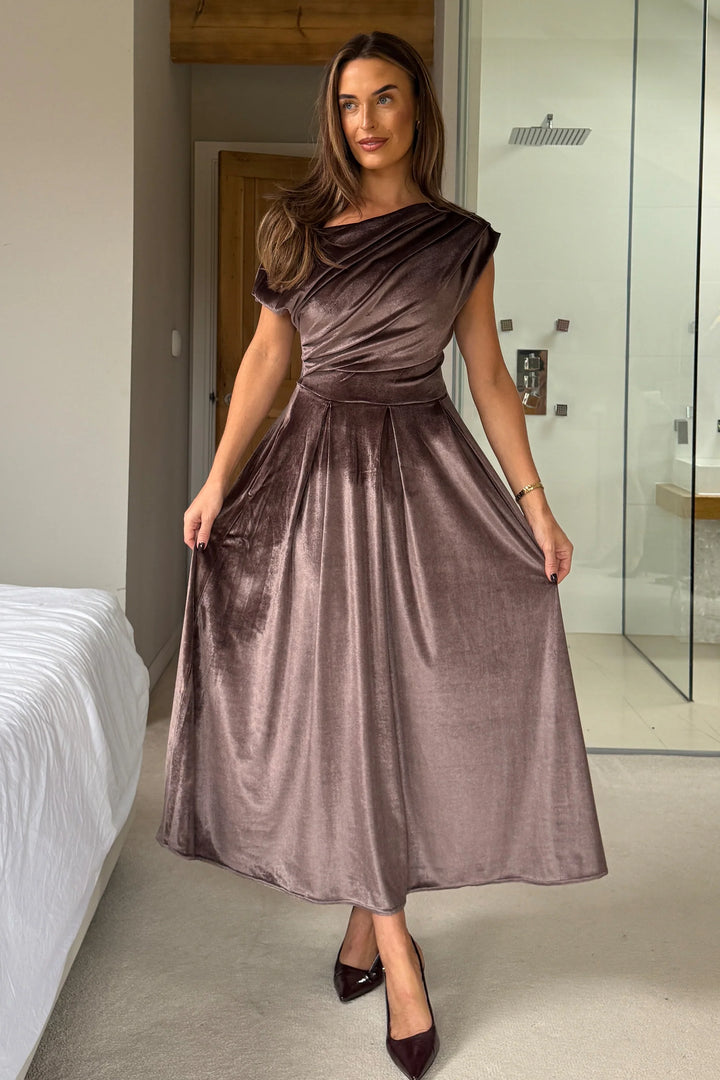 Betty Mocha Brown Velvet Asymmetric Neckline Skater Midi Dress With Pockets